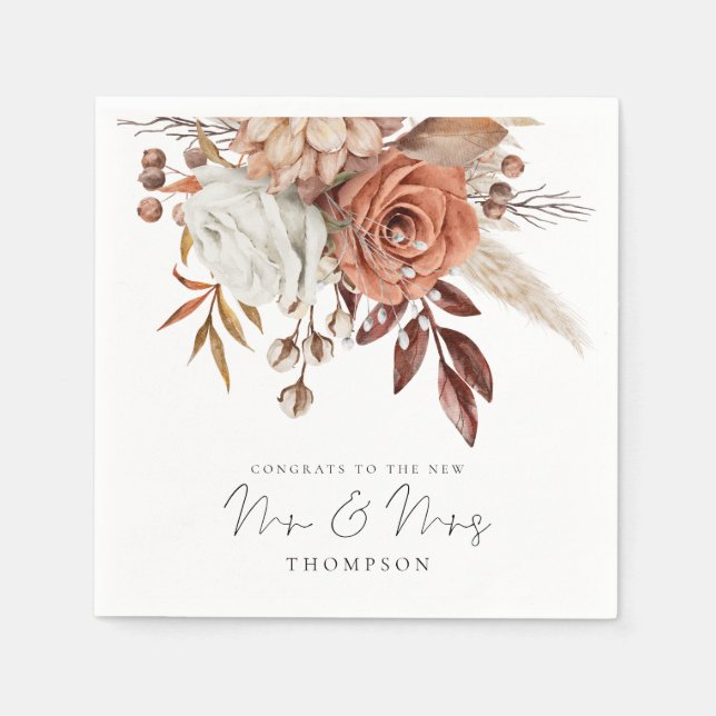 Rustic Terracotta Florals Congrats Mr Mrs Wedding  Napkin (Front)