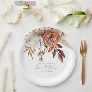 Rustic Terracotta Florals Congrats Mr Mrs Wedding  Paper Plate