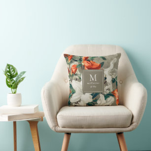 Rustic Terracotta Florals Elegant Monogram  Cushion