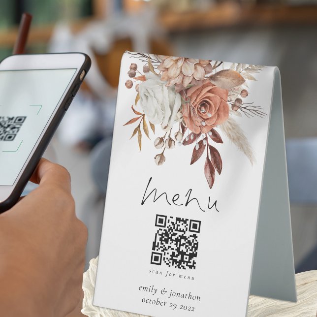 Rustic Terracotta Florals Menu Qr Code Wedding  (Perfect for your wedding tables for your guests convenience!)