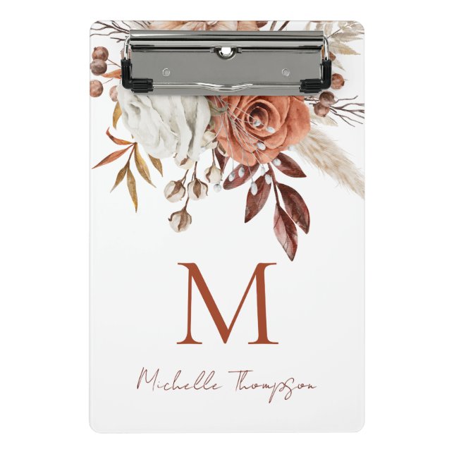 Rustic Terracotta Florals Monogram Initial Name Mini Clipboard (Front)