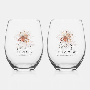 Rustic Terracotta Florals Mr Mrs Name Date Wedding Stemless Wine Glass
