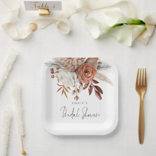 Rustic Terracotta Florals Name Bridal Shower Paper Plate