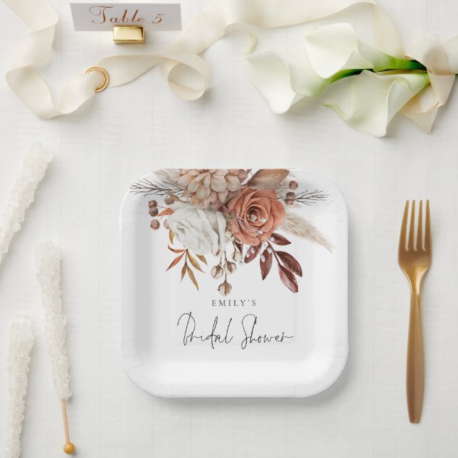 Rustic Terracotta Florals Name Bridal Shower Paper Plate (Wedding)