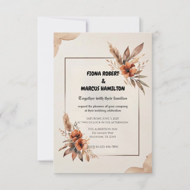 Rustic Terracotta Florals & Pampas Grass Wedding RSVP Card (Front)