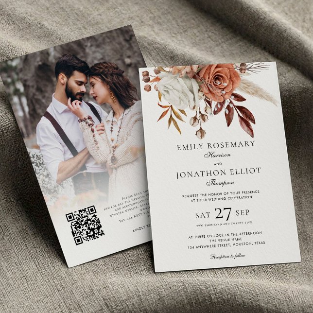 Rustic Terracotta Florals Photo QR Formal Wedding Invitation (front and back view)