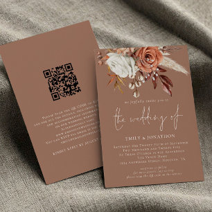 Rustic Terracotta Florals QR Code Brown Wedding Invitation
