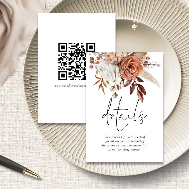 Rustic Terracotta Florals QR Code Wedding Details Enclosure Card (front and back view)