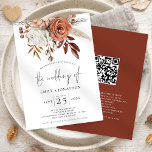 Rustic Terracotta Florals QR Code Wedding Invitation<br><div class="desc">Rustic Terracotta Florals QR Code Wedding. Beautiful autumnal coloured flowers decorate the top edge. Add your QR code to your wedding website on the back so your guests can RSVP and see all the details online without the need for separate enclosures. An informal set typography in black for the main...</div>