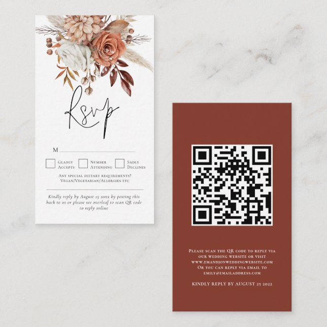 Rustic Terracotta Florals QR Code Wedding RSVP Enclosure Card (Front/Back)
