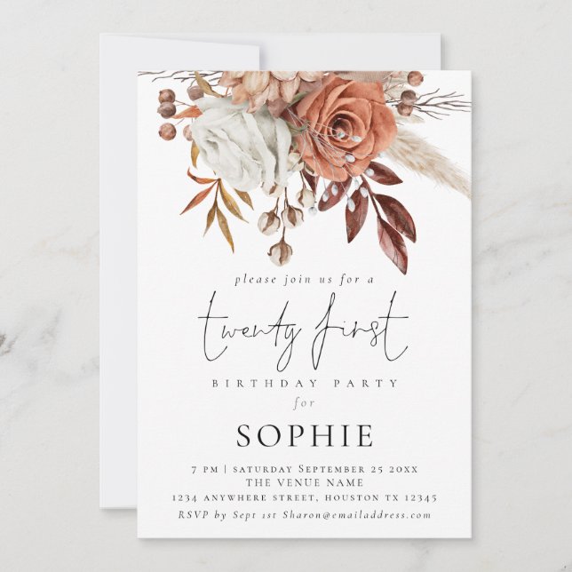Rustic Terracotta Florals Script 21st Party Invitation (Front)