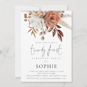 Rustic Terracotta Florals Script 21st Party Invitation