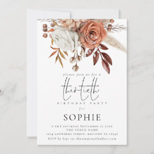 Rustic Terracotta Florals Script 30th Birthday Invitation
