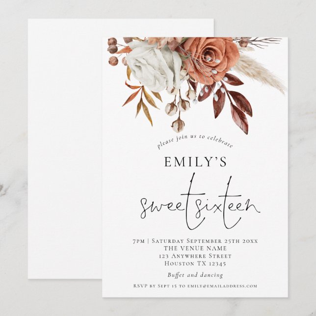 Rustic Terracotta Florals Sweet 16 Party Invitation (Front/Back)
