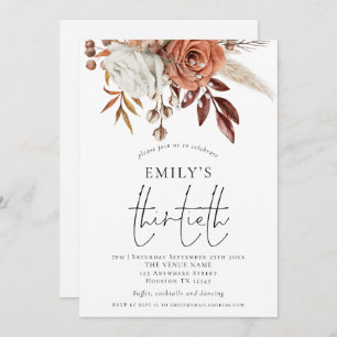 Rustic Terracotta Florals Thirtieth Birthday Party Invitation