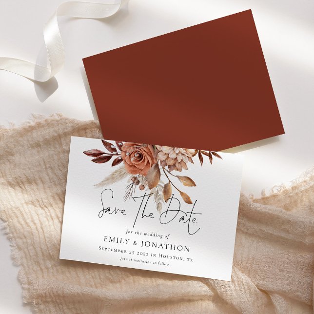 Rustic Terracotta Florals Wedding Save The Date (Front and back view)