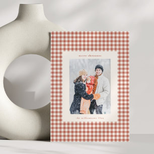 Rustic Terracotta Gingham Plaid Christmas Photo Holiday Card