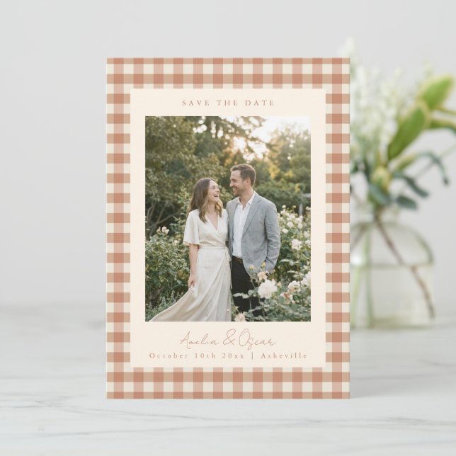 Rustic Terracotta Gingham Plaid Photo Wedding Save The Date (Standing Front)