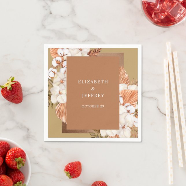 Rustic Terracotta Gold Boho Pampas Orchids Wedding Napkin (Insitu)