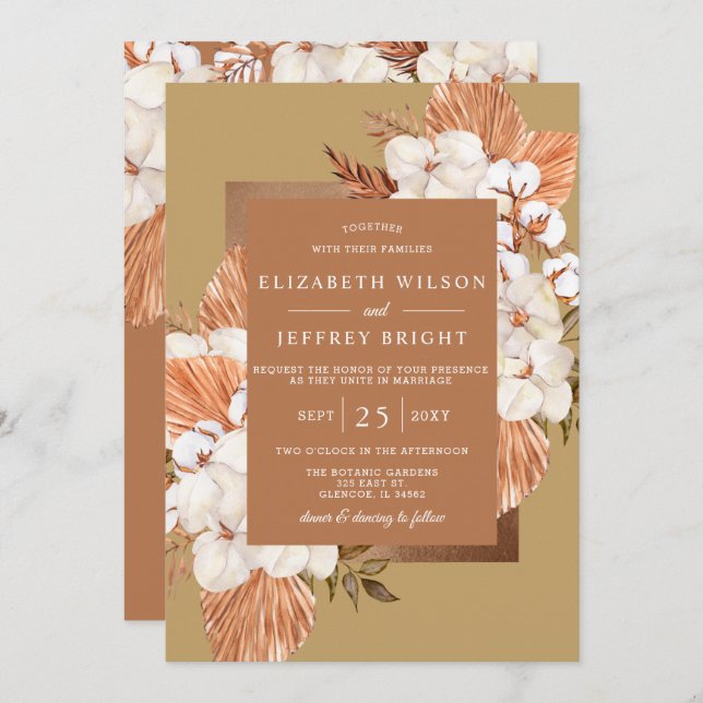 Rustic Terracotta Gold Boho Pampas Wedding Invitation (Front/Back)