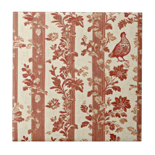 Rustic Terracotta Hen Toile Stripe Pattern Tile