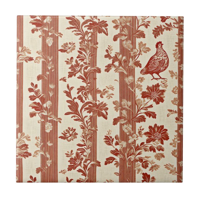Rustic Terracotta Hen Toile Stripe Pattern Tile (Front)