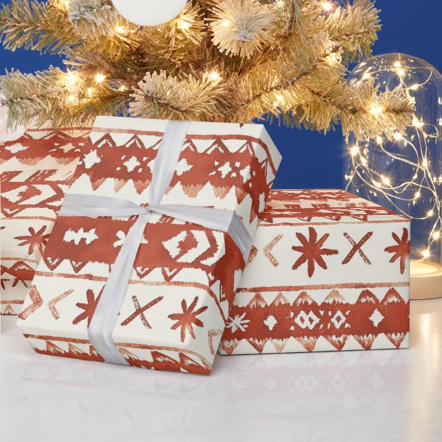 Rustic Terracotta Holiday Pattern Christmas Wrapping Paper (Holidays)