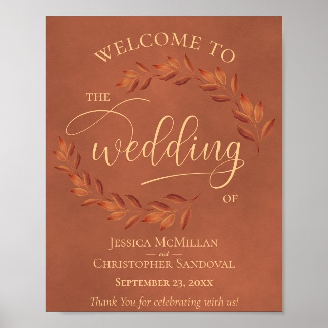 Rustic Terracotta Leaves Fall Wedding Welcome Sign (Front)