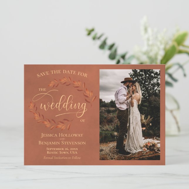 Rustic Terracotta Leaves & Photo Elegant Wedding Save The Date (Standing Front)