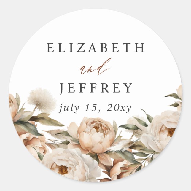 Rustic Terracotta Pampas Boho Floral Fall Wedding Classic Round Sticker (Front)