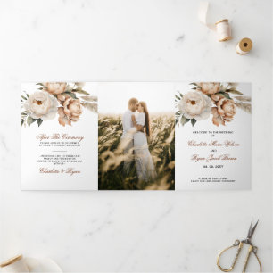 Rustic Terracotta Pampas Boho Floral Fall Wedding Tri-Fold Programme