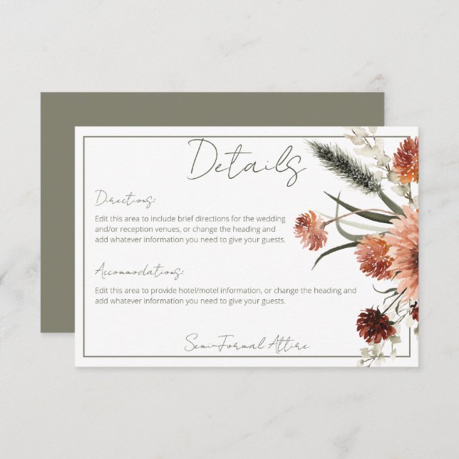 Rustic Terracotta Rust Flowers Details Enclosure Card (Front/Back)