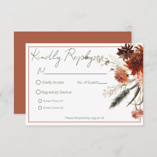 Rustic Terracotta Rust Flowers Wedding RSVP Card (Front/Back)