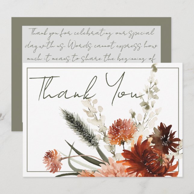 Rustic Terracotta Rust Flowers Wedding Thank You Card (Front/Back)