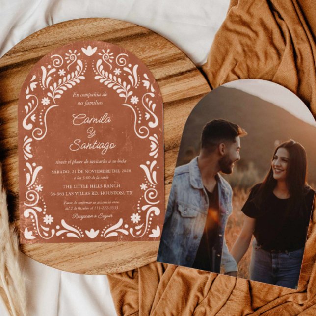 Rustic Terracotta Spanish Photo Arch Wedding Invitation (Terracotta Talavera Mexican Arch Photo Wedding Invitation)