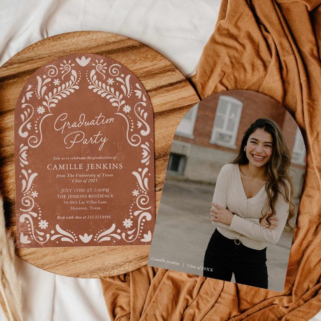 Rustic Terracotta Talavera Photo Graduation Invitation (Papel Picado Graduation Party Invitation with photo)