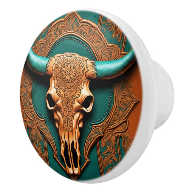 Rustic Terracotta Teal Western Country Bull SKull Ceramic Knob (Right)