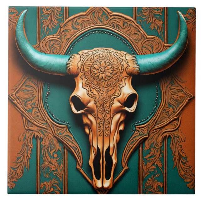 Rustic Terracotta Teal Western Country Bull SKull Tile (Front)