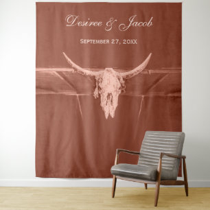 Rustic Terracotta Western Bull Cow Skull Backdrop Tapestry