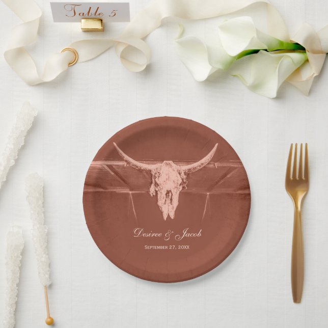 Rustic Terracotta Western Cow Skull Paper Plate (Wedding)