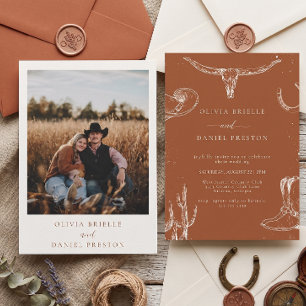 Rustic Terracotta Western Cowboy Photo Wedding Invitation