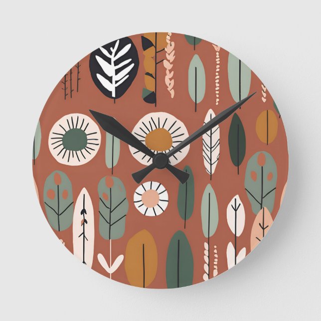 Rustic Terracotta Wildflower Boho Eclectic Design Round Clock (Front)