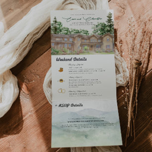 Rustic Teton Mountains   Illustrated Wedding  Tri-Fold Invitation