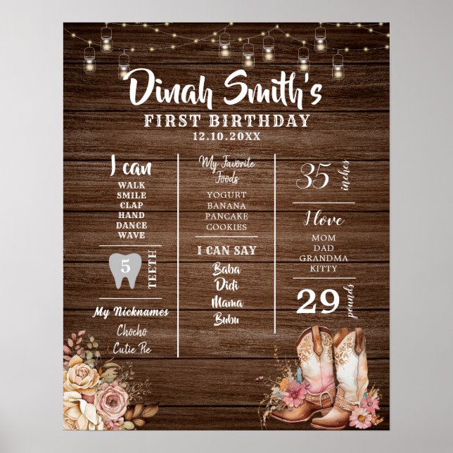 Rustic Texas Boots Cowgirl 1st Birthday Milestone Poster (Front)
