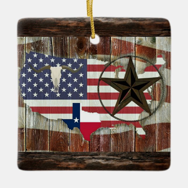 Rustic Texas Lone Star Texas Long Horn Ceramic Orn Ceramic Ornament (Front)
