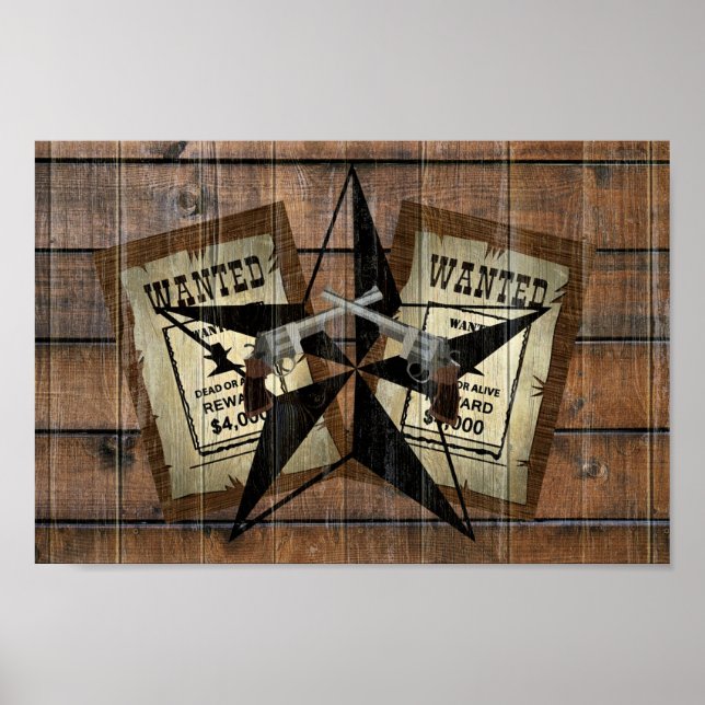 Rustic Texas Star Western Dual Pistols Wanted Sign (Front)