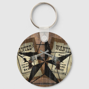 Rustic Texas Star Western Dual Pistols Wanted Sign Key Ring