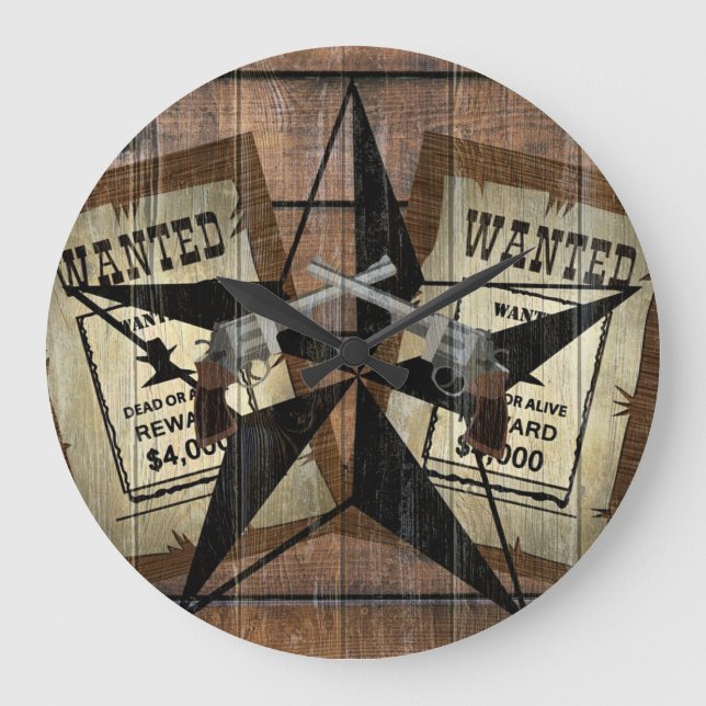 Rustic Texas Star Western Dual Pistols Wanted Sign Large Clock (Front)