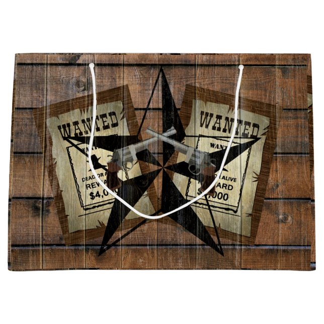 Rustic Texas Star Western Dual Pistols Wanted Sign Large Gift Bag (Front)
