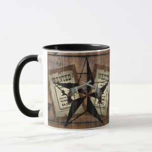 Rustic Texas Star Western Dual Pistols Wanted Sign Mug